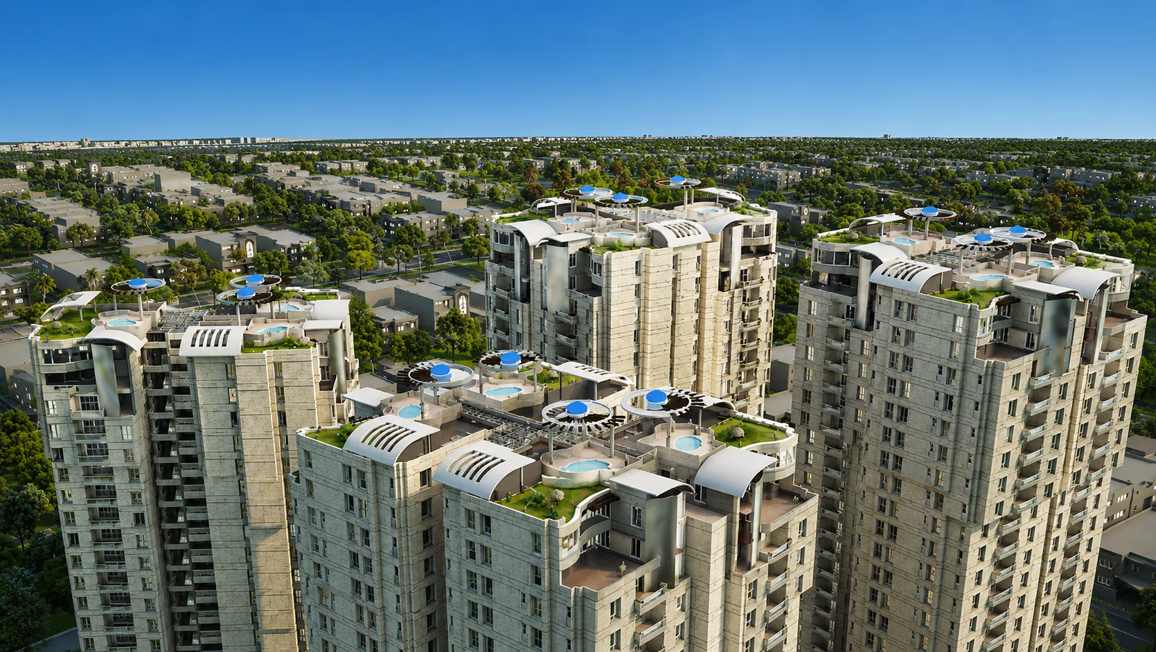Aerial render of the Lakhani Presidency towers and their roof terraces