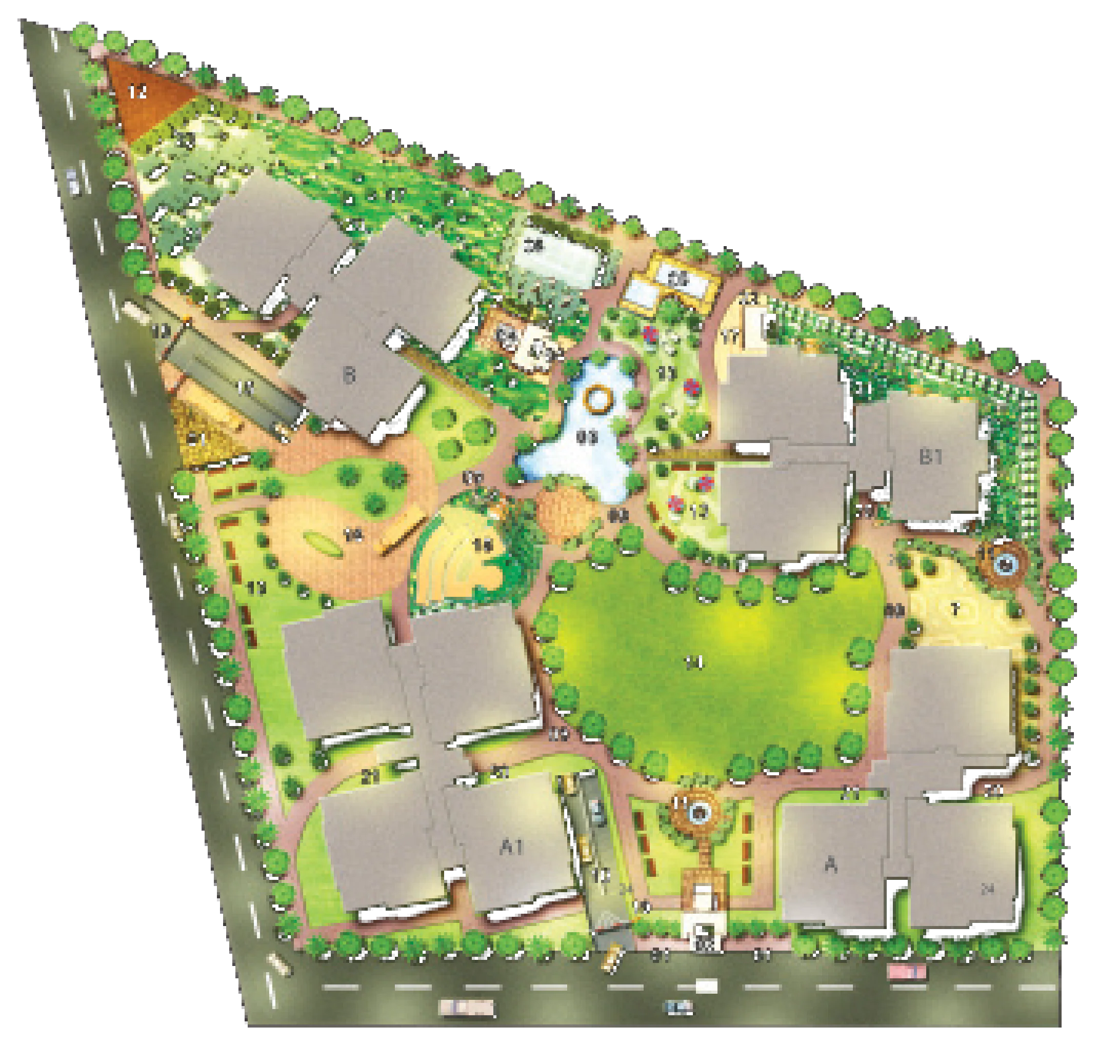 Master plan of Lakhani Presidency: blocks A, A1, B and B1 around a central park, pond and landscaped pathways, numbered to the key