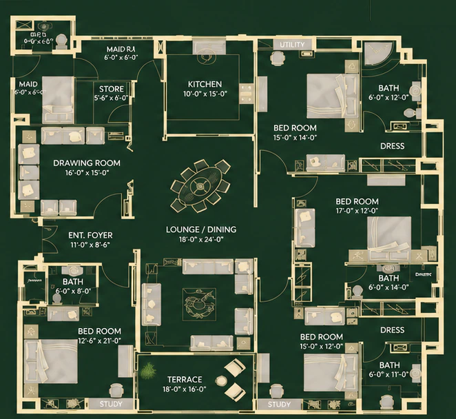 Innova — 4 bedrooms + maid room apartment, 12th to 17th floor plan